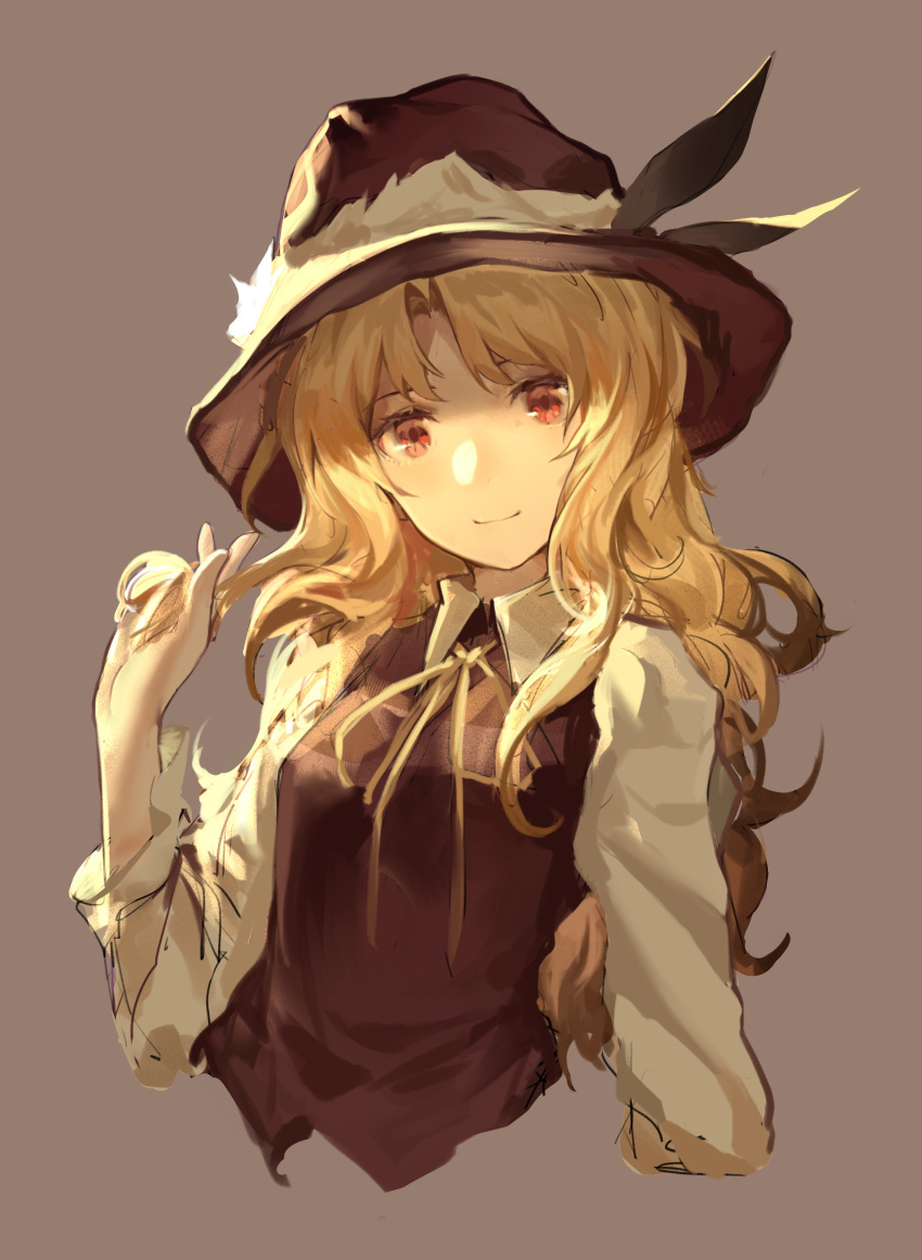 1girl absurdres beige_background blonde_hair bolo_tie brown_headwear brown_vest closed_mouth dolls_in_pseudo_paradise frilled_hat frills hand_in_hair hat hat_feather highres jacket_girl_(dipp) long_hair long_sleeves looking_at_viewer red_eyes ribbon shirt simple_background smile touhou upper_body very_long_hair vest wavy_hair wb_yimo white_shirt yellow_neckwear