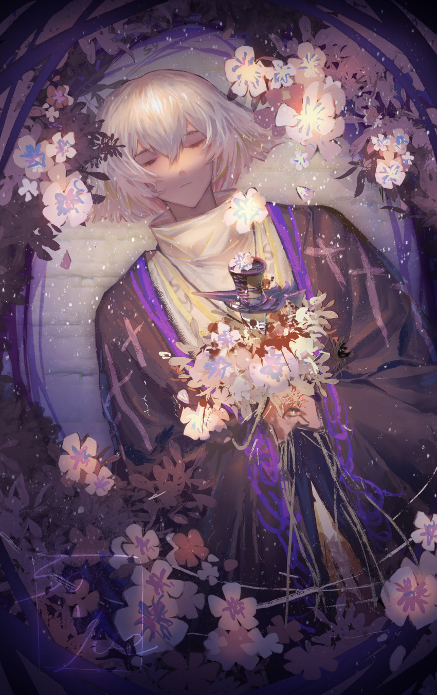 1boy absurdres cherry_blossoms daleth flower glint hair_between_eyes highres light_particles lying short_hair sky:_children_of_the_light sky_child sleeping solo sparkle stab sword sy_soyue weapon