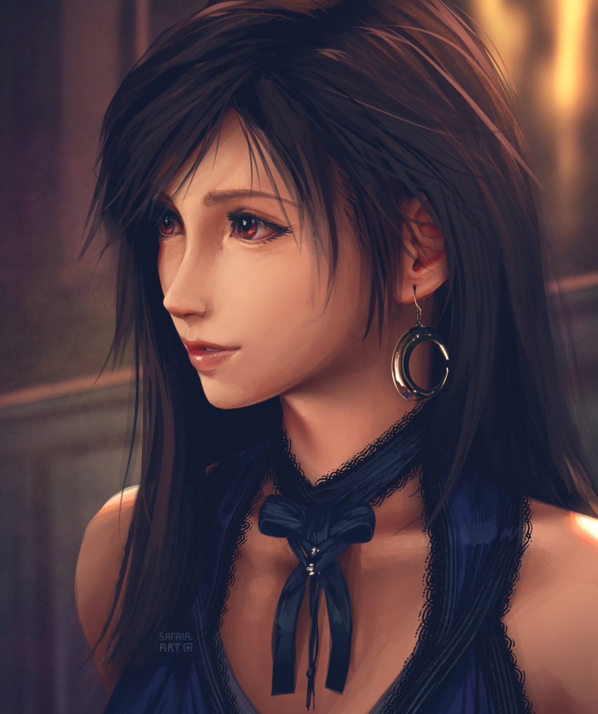 1girl absurdres artist_name bare_shoulders black_hair blue_dress blurry blurry_background commentary crescent crescent_earrings crescent_moon dress earrings english_commentary final_fantasy final_fantasy_vii final_fantasy_vii_remake gold_earrings highres jewelry lips long_hair looking_to_the_side moon neck_ribbon official_alternate_costume parted_lips realistic red_eyes ribbon safaiaart single_earring sleeveless sleeveless_dress solo swept_bangs tifa_lockhart tifa_lockhart's_refined_dress upper_body