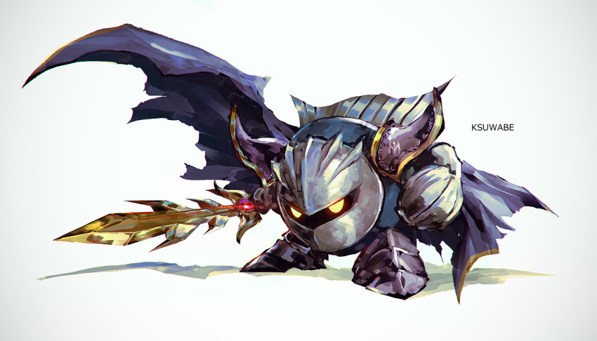 armor cape full_armor full_body glowing glowing_eyes grey_background holding k-suwabe kirby's_dream_land kirby_(series) looking_at_viewer mask meta_knight no_humans solo standing sword torn_cape torn_clothes weapon