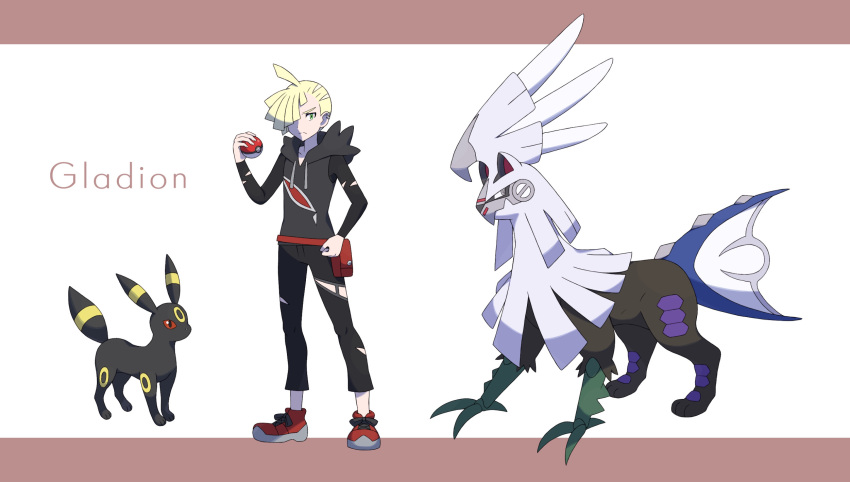 1boy ahoge bangs banned_artist blonde_hair character_name closed_mouth commentary_request fanny_pack gladion_(pokemon) green_eyes hair_over_one_eye hand_up highres holding holding_poke_ball hood hood_down hoodie legendary_pokemon long_sleeves looking_at_viewer male_focus nin_(female) pants poke_ball poke_ball_(basic) pokemon pokemon_(creature) pokemon_(game) pokemon_sm red_bag shoes short_hair silvally standing torn_clothes torn_pants umbreon