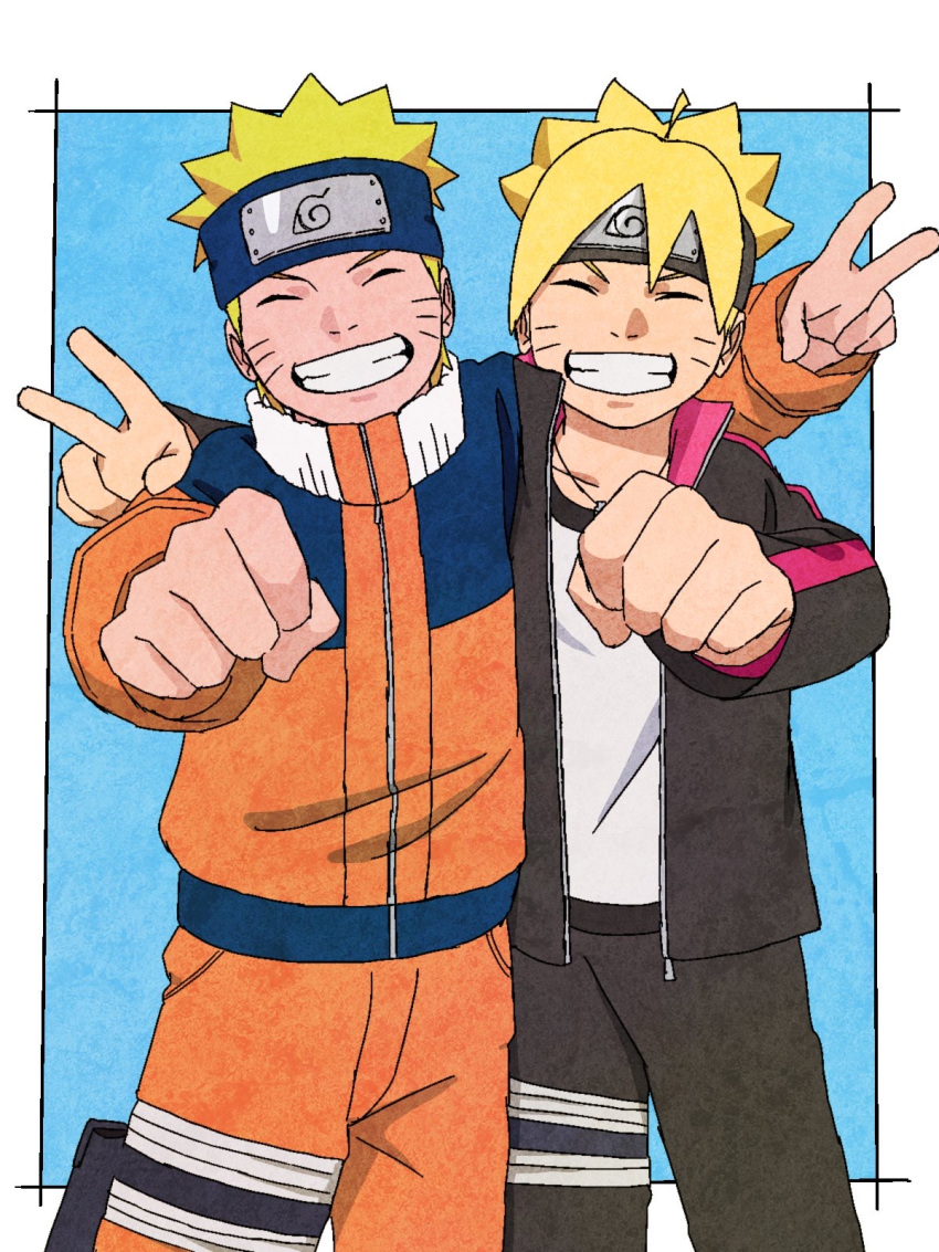 2boys black_jacket black_pants blonde_hair blue_background border boruto:_naruto_next_generations clenched_hand forehead_protector grin highres jacket jewelry long_sleeves multiple_boys naruto naruto_(series) necklace ninja open_clothes open_jacket orange_jacket orange_pants pants pinoko_(pnk623) shirt smile teeth uzumaki_boruto uzumaki_naruto v white_shirt