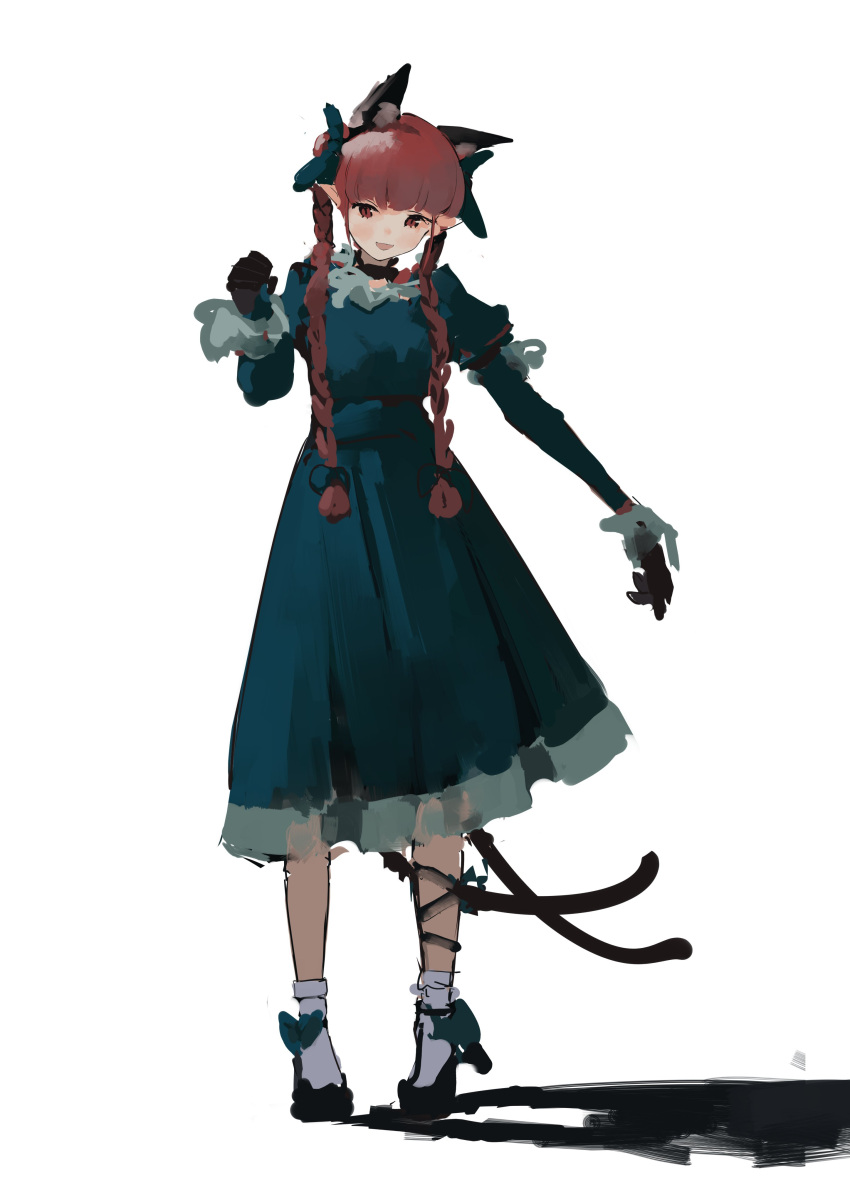 1girl :d absurdres animal_ear_fluff animal_ears bangs black_choker black_gloves blunt_bangs blush braid cat_ears cat_tail choker dress extra_ears eyebrows_behind_hair full_body gloves green_dress hand_up head_tilt highres juliet_sleeves kaenbyou_rin long_hair long_sleeves looking_at_viewer multiple_tails nekomata open_mouth pointy_ears puffy_sleeves red_eyes redhead sancking_(fatekl) shadow slit_pupils smile solo standing tail touhou twin_braids twintails two_tails very_long_hair