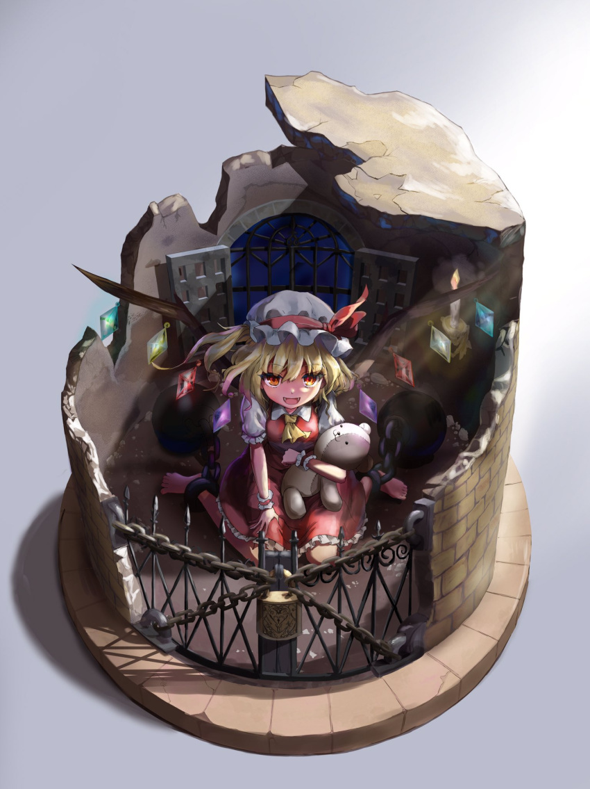 1girl ascot ball_and_chain_restraint bangs blonde_hair blush bororii_(brbrsalary) broken_wall candle candlestand chain crystal eyebrows_visible_through_hair flandre_scarlet frilled_skirt frills grey_background hair_between_eyes hat highres lock looking_at_viewer mob_cap open_mouth puffy_short_sleeves puffy_sleeves red_eyes red_skirt red_vest shirt short_hair short_sleeves side_ponytail simple_background skirt solo stuffed_animal stuffed_toy teddy_bear touhou vest white_shirt window wings yellow_neckwear