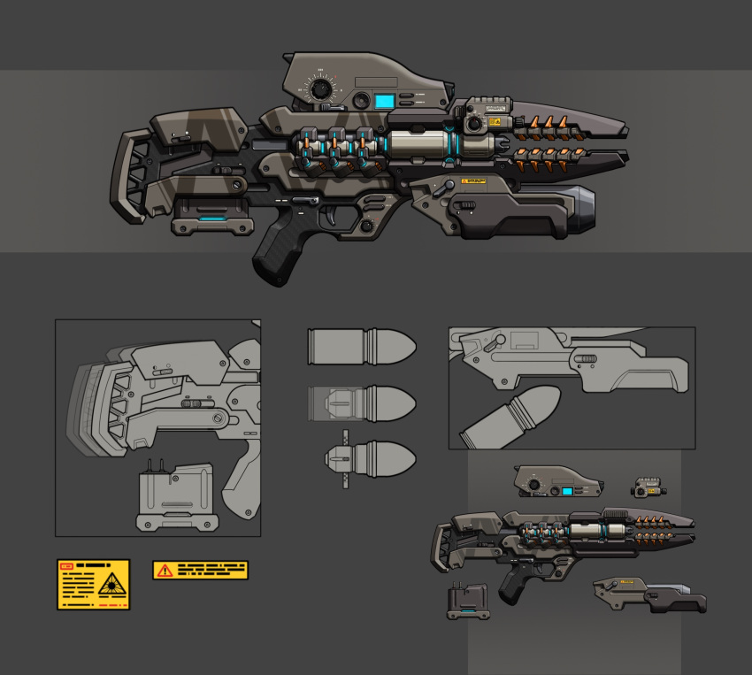 blueprint commentary copyright_request english_commentary grey_background gun highres misaka_mikoto no_humans original science_fiction simple_background still_life tony2001 weapon weapon_focus weapon_request