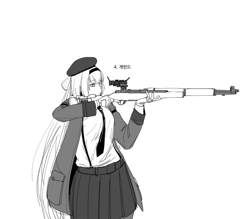 1girl aiming beret character_request closed_mouth coat cowboy_shot girls_frontline gun hairband hat holding holding_gun holding_weapon huqu korean_text long_hair long_sleeves miniskirt necktie one_eye_closed open_clothes open_coat pleated_skirt rifle scope shirt simple_background skirt sniper_rifle solo standing translation_request very_long_hair weapon weapon_request white_background
