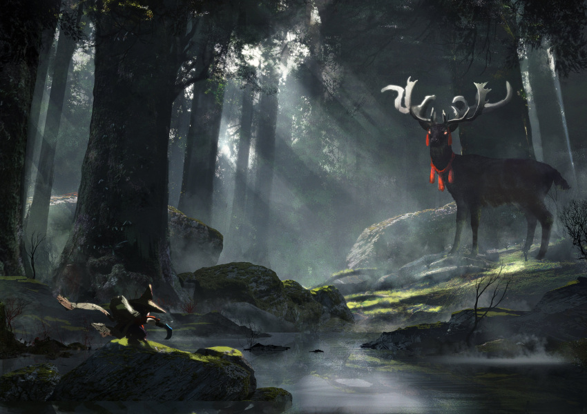 1girl absurdres antlers commentary_request couldoh dappled_sunlight deer foliage forest full_body glowing glowing_eyes hagoromo hat highres japanese_clothes kimono nature outdoors red_kimono rice_hat rock sakuna-hime scenery shawl sickle solo sunlight tensui_no_sakuna-hime tree water