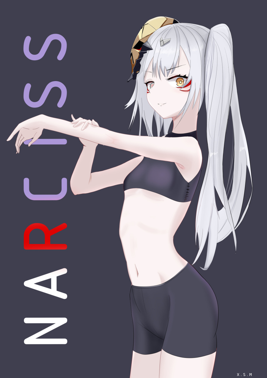 1girl absurdres bangs black_bodysuit bodysuit breasts character_name closed_mouth eyebrows_visible_through_hair girls_frontline highres long_hair looking_at_viewer looking_to_the_side lying mask mask_on_head narciss_(girls'_frontline) navel on_side orange_eyes paradeus purple_background side_ponytail silver_hair small_breasts smile solo sportswear standing white_hair xue_shiming