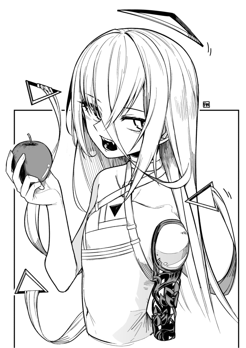 1other androgynous angry_num apple bangs collarbone eyebrows_visible_through_hair fangs food fruit greyscale halo halter_top halterneck highres holding holding_food holding_fruit hololive hololive_english long_hair mechanical_arms monochrome omega_alpha open_mouth single_mechanical_arm triangle_halo virtual_youtuber