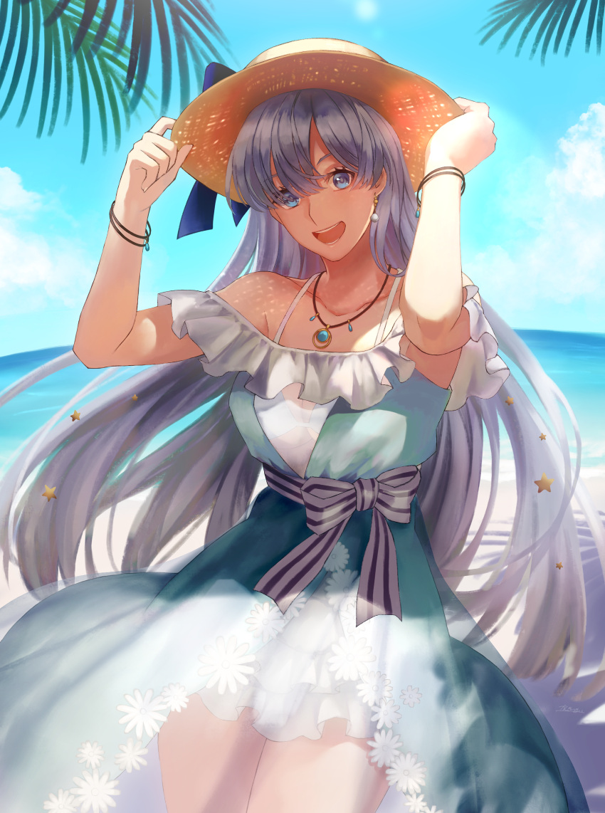 1girl absurdres anastasia_(fate) anastasia_(swimsuit_archer)_(fate) bangs bare_shoulders beach blue_dress blue_eyes blue_sky blush bracelet breasts collarbone dress earrings fate/grand_order fate_(series) hair_over_one_eye hat highres jewelry kankitsurui_(house_of_citrus) large_breasts long_hair looking_at_viewer necklace open_mouth palm_leaf pendant see-through_skirt shore silver_hair skirt sky smile solo straw_hat thighs very_long_hair