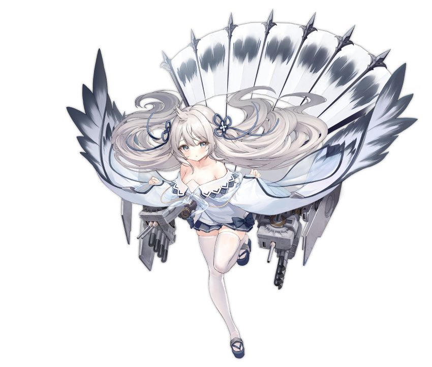 1girl ahoge artist_request azur_lane bare_shoulders blush cannon full_body grey_eyes grey_hair hair_ornament highres leg_up long_sleeves looking_at_viewer official_art smoke solo thigh-highs torpedo_tubes transparent_background turret umikaze_(azur_lane) white_legwear wide_sleeves wings