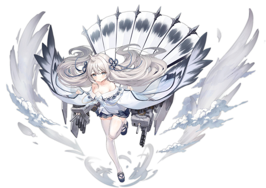 1girl ahoge artist_request azur_lane bare_shoulders blush cannon full_body grey_eyes grey_hair hair_ornament highres leg_up long_sleeves looking_at_viewer official_art smoke solo thigh-highs torpedo_tubes transparent_background turret umikaze_(azur_lane) white_legwear wide_sleeves wings