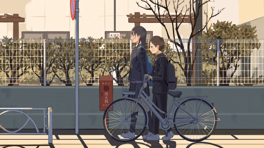 1boy 1girl absurdres backpack bag bicycle black_hair boku_no_kokoro_no_yabai_yatsu fence full_body gakuran ground_vehicle highres holding ichikawa_kyoutarou looking_afar looking_at_viewer outdoors postbox_(outgoing_mail) profile road school_bag school_uniform shadow sign street tall_female walking yamada_anna zumisan3