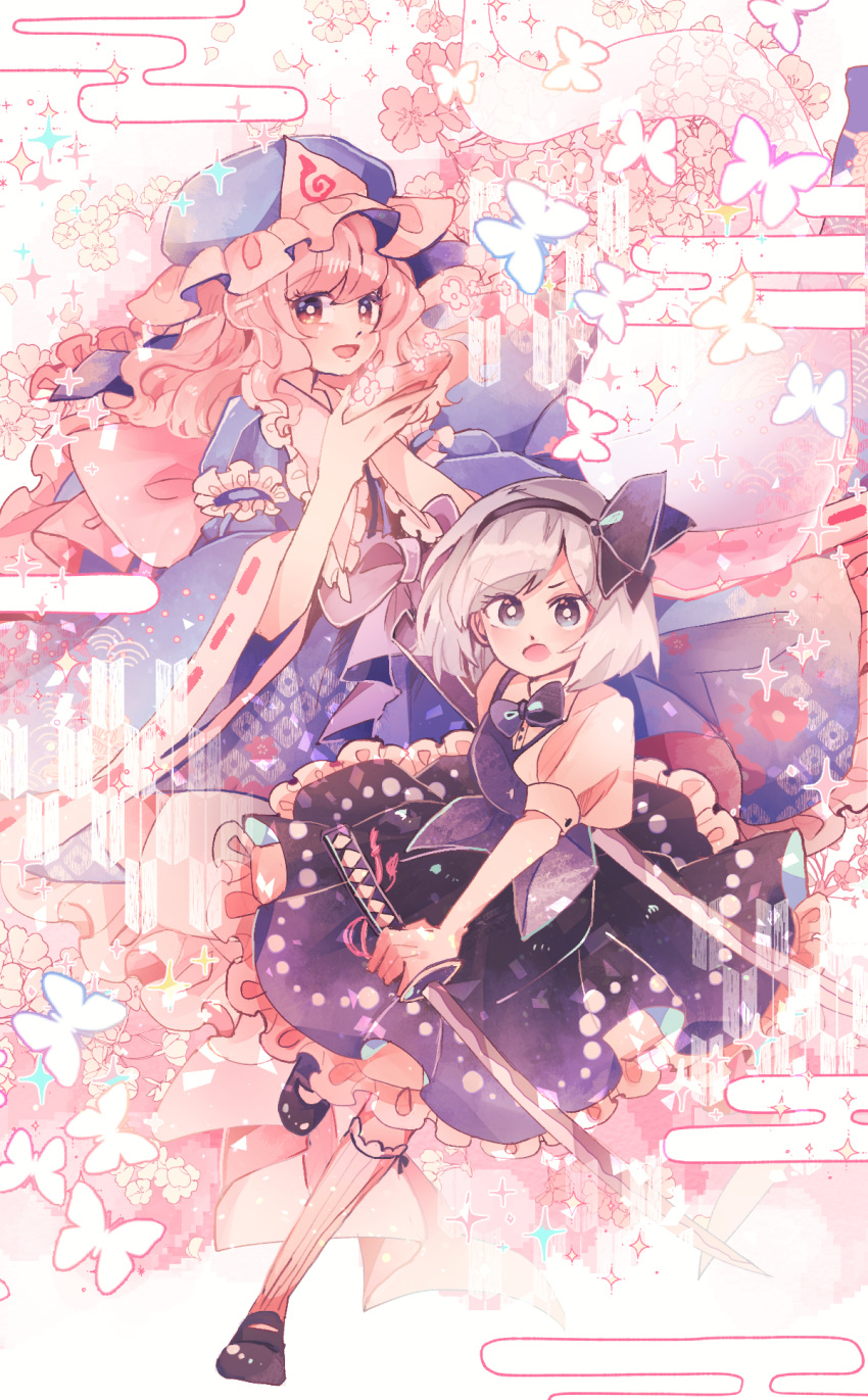 2girls blue_eyes blue_kimono bright_pupils bug butterfly cherry_blossoms commentary egasumi hat highres holding holding_sword holding_weapon japanese_clothes katana kimono konpaku_youmu looking_at_viewer mary_janes mob_cap multiple_girls perfect_cherry_blossom pink_hair puffy_short_sleeves puffy_sleeves red_eyes saigyouji_yuyuko shoes short_sleeves silver_hair skirt socks sparkle sword touhou weapon white_legwear white_pupils yagasuri yata