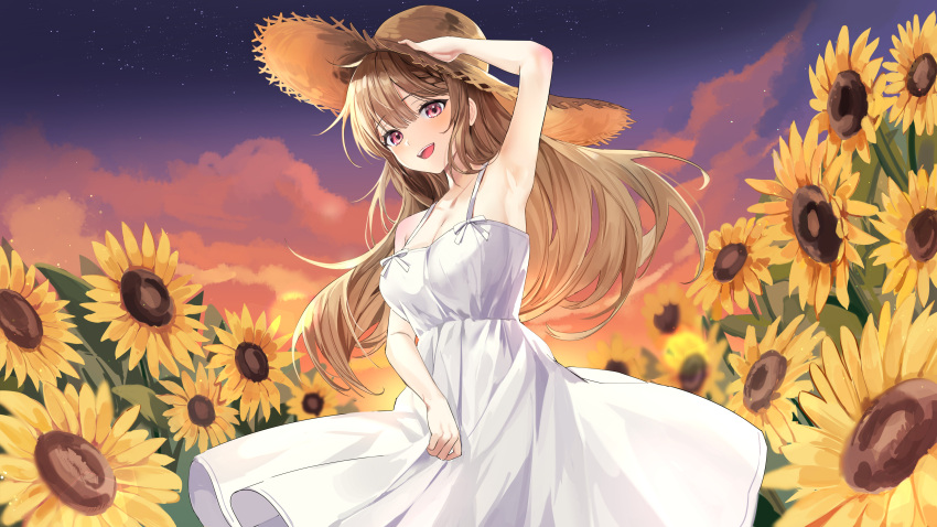 1girl :d absurdres arm_up armpits bangs blush breasts brown_hair brown_headwear commentary cowboy_shot dress english_commentary eyebrows_visible_through_hair field floating_hair flower flower_field hair_between_eyes hat highres large_breasts lillly long_hair looking_at_viewer open_mouth original outdoors red_eyes sky sleeveless sleeveless_dress smile solo standing straw_hat sun_hat sundress sunflower upper_teeth very_long_hair white_dress yellow_flower