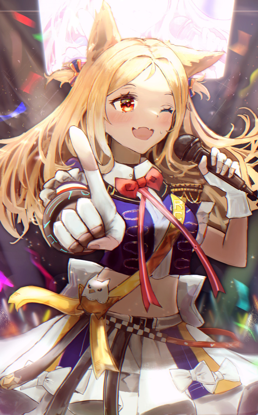 1girl ;d absurdres animal_ears archetto_(arknights) archetto_(publicity_strategy)_(arknights) arknights blonde_hair blush bow bowtie bracelet breasts commentary_request concert confetti cowboy_shot crop_top fangs fingerless_gloves foreshortening gloves glowstick hachiko_(0088) highres holding holding_microphone index_finger_raised infection_monitor_(arknights) jewelry long_hair looking_to_the_side medium_breasts microphone midriff official_alternate_costume one_eye_closed open_mouth outstretched_arm red_bow red_eyes red_neckwear short_sleeves skin_fangs skirt smile solo stage stuffed_animal stuffed_bird stuffed_toy sweat two_side_up white_bow white_gloves white_skirt