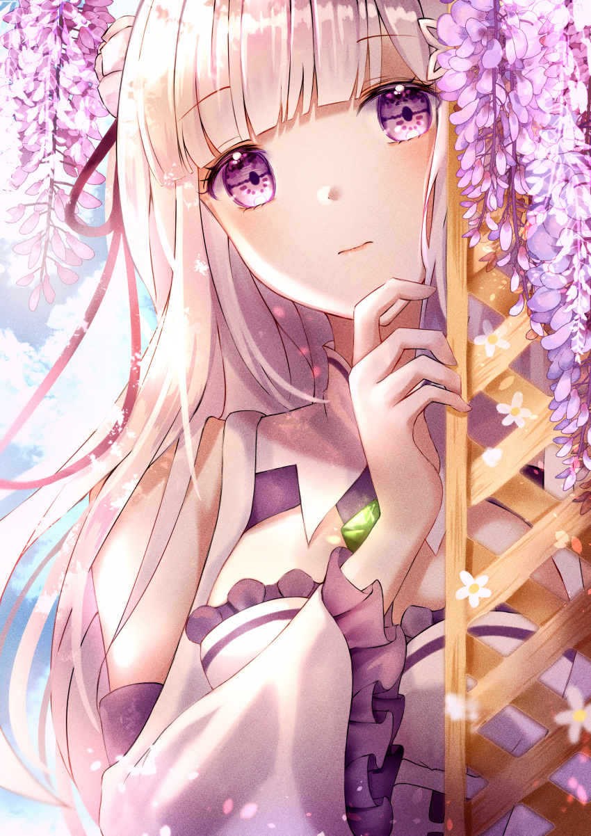 1girl absurdres bangs bare_shoulders braid breasts caron commentary dress emilia_(re:zero) eyebrows_visible_through_hair flower frilled_sleeves frills gem hair_flower hair_ornament hair_ribbon highres huge_filesize large_breasts long_hair long_sleeves looking_at_viewer pointy_ears re:zero_kara_hajimeru_isekai_seikatsu ribbon shiny shiny_hair silver_hair solo symbol-only_commentary violet_eyes white_dress
