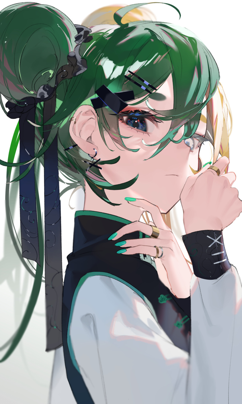 1girl absurdres black_eyes blonde_hair chinese_clothes double_bun earrings green_hair green_nails hair_ornament hairclip highres hikimayu jewelry long_hair looking_at_viewer original ring simple_background solo white_background zumi_(neronero126)