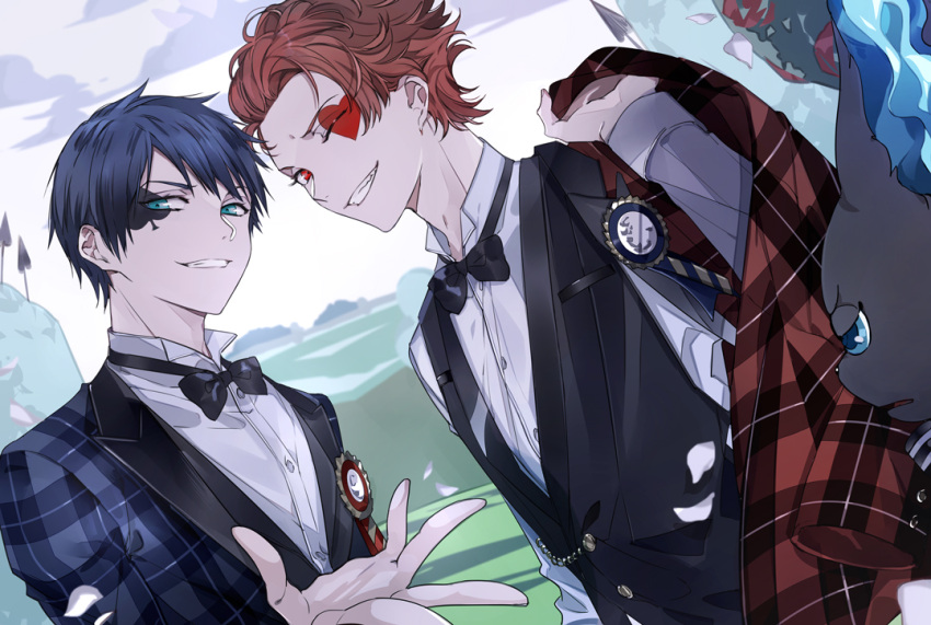 &gt;_o 2boys ace_trappola black_cat black_vest blue_eyes blue_hair blue_jacket bow bowtie cat clouds day deuce_spade facial_mark formal grim_(twisted_wonderland) holding holding_clothes holding_jacket jacket jacket_removed male_focus multiple_boys official_alternate_costume one_eye_closed outdoors red_eyes red_jacket redhead shirt short_hair sky smile suou teeth twisted_wonderland upper_body vest white_shirt