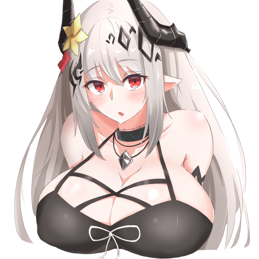 1girl :o arknights bikini black_bikini breasts demon_horns flower grey_hair hair_between_eyes hair_flower hair_ornament highres horns huge_breasts infection_monitor_(arknights) long_hair looking_at_viewer maiq06 mudrock_(arknights) mudrock_(silent_night)_(arknights) official_alternate_costume oripathy_lesion_(arknights) pointy_ears red_eyes solo stomach swimsuit under_boob upper_body white_background yellow_flower