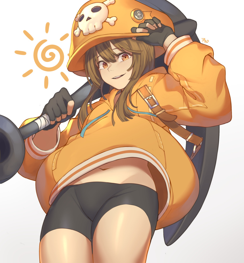 1girl absurdres anchor brown_hair frenchvanillu guilty_gear hat highres hood hoodie may_(guilty_gear) midriff_peek navel pirate_hat shorts skull_and_crossbones thighs