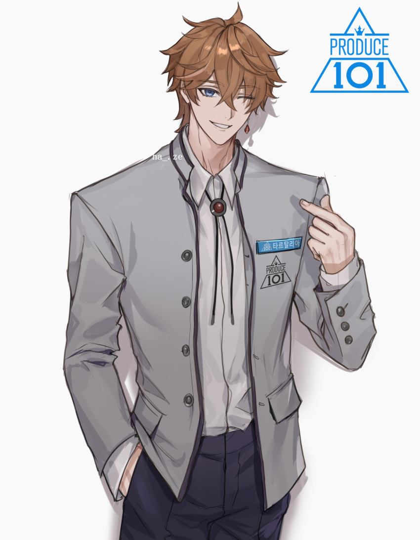 1boy alternate_costume artist_name bangs black_pants blue_eyes brown_hair earrings genshin_impact grey_background grey_jacket ha_ze hair_between_eyes hand_in_hair highres jacket jewelry logo long_sleeves looking_at_viewer male_focus one_eye_closed pants parted_lips produce_101 shirt simple_background single_earring solo tartaglia_(genshin_impact) white_shirt