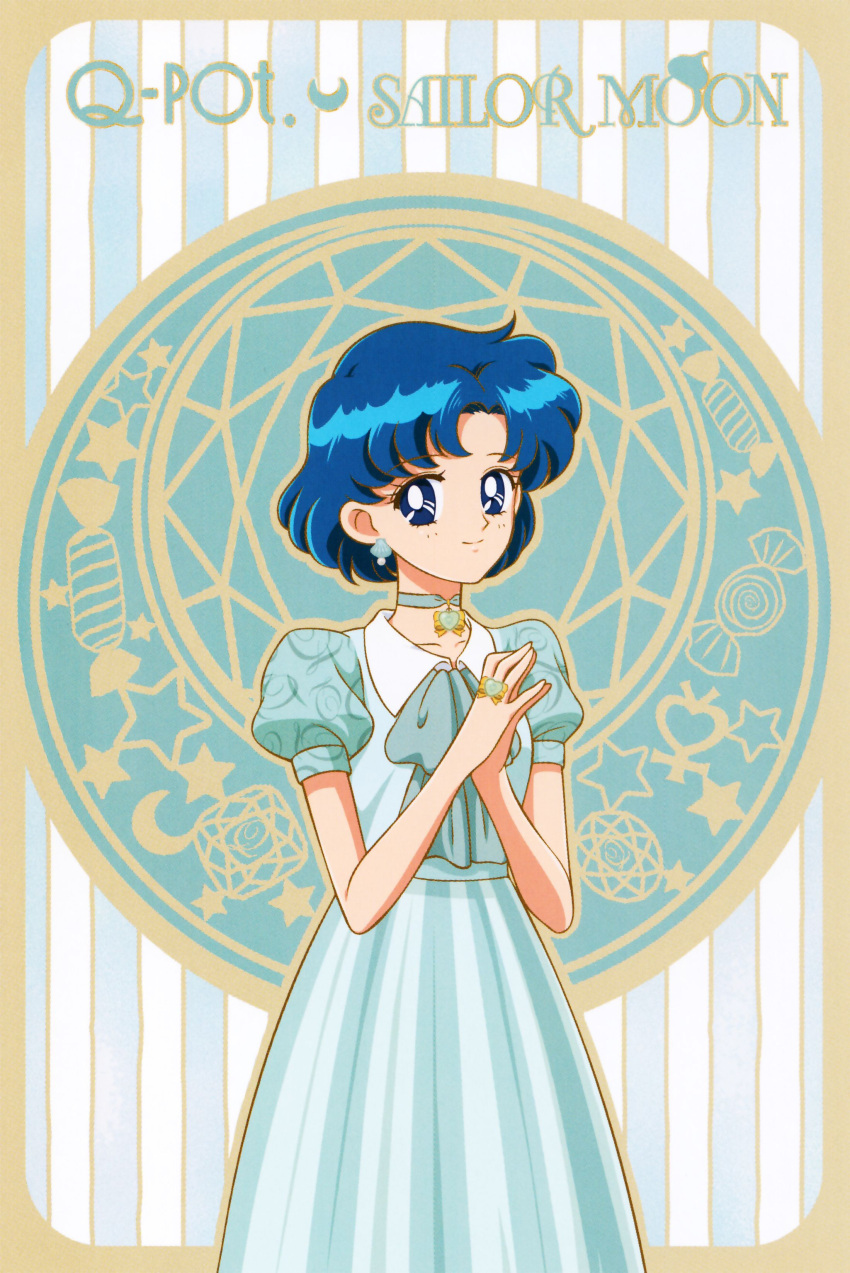 1990s_(style) 1girl absurdres bishoujo_senshi_sailor_moon blue_dress blue_eyes blue_hair blue_neckwear choker copyright_name cowboy_shot dress earrings hands_together highres jewelry mizuno_ami official_art retro_artstyle ring scarf short_hair short_sleeves smile solo
