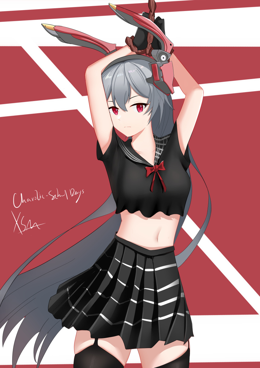 1girl absurdres animal_ears artist_name black_legwear black_shirt black_skirt bound bound_wrists bow bowtie breasts character_name charolic_(girls'_frontline_2) eyebrows_visible_through_hair fake_animal_ears feet_out_of_frame garter_straps girls'_frontline_2:_exilium girls_frontline green_hair hands_up highres long_hair navel red_bow red_eyes school_uniform shirt simple_background skirt solo standing thigh-highs xue_shiming
