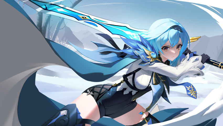 1girl absurdres bare_tree black_gloves black_hairband black_legwear black_shorts blue_hair blue_neckwear brown_eyes closed_mouth day eula_(genshin_impact) fighting_stance genshin_impact gloves greatsword hairband high-waist_shorts highres holding holding_sword holding_weapon long_sleeves looking_at_viewer medium_hair necktie outdoors short_hair shorts snow solo starlab sword thigh-highs tree underbust v-shaped_eyebrows vision_(genshin_impact) weapon winter