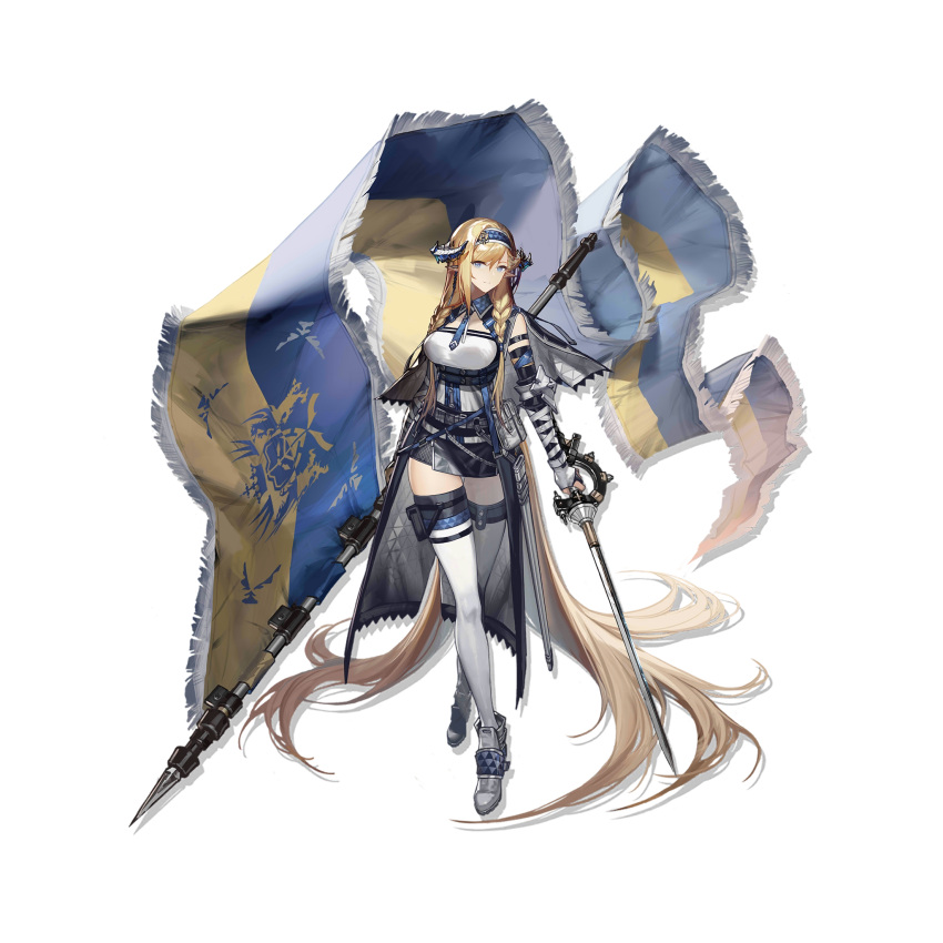 1girl absurdly_long_hair arknights bangs bare_shoulders blonde_hair blue_eyes blue_hairband blue_neckwear boots braid breasts crossed_legs flag full_body grey_footwear hairband highres holding holding_sword holding_weapon kingdom_of_victora_logo long_hair looking_at_viewer medium_breasts official_art pointy_ears saileach_(arknights) smile solo standing sword thigh-highs transparent_background twin_braids very_long_hair watson_cross weapon white_legwear xiayehongming