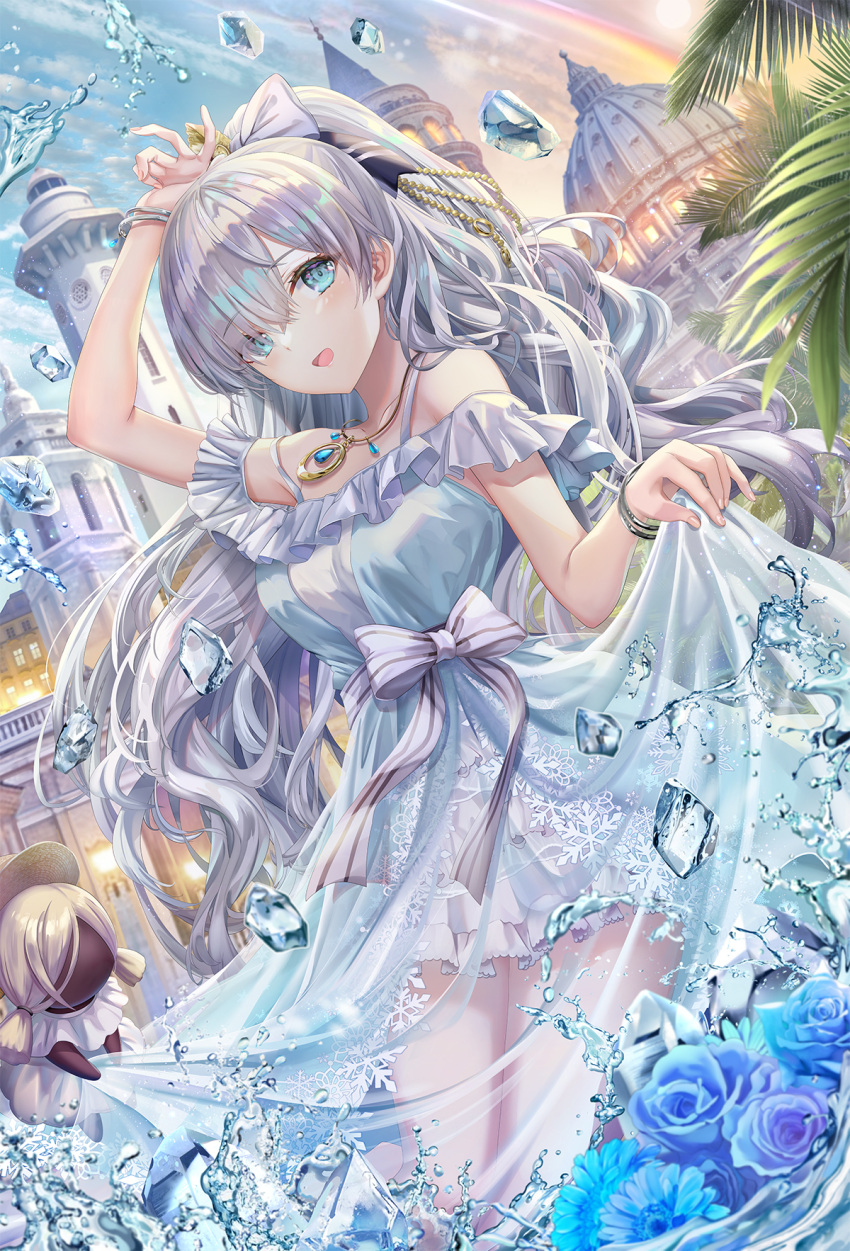 1girl anastasia_(fate) anastasia_(swimsuit_archer)_(fate) bangs bare_shoulders blue_dress blue_eyes blush bracelet breasts collarbone doll dress earrings fate/grand_order fate_(series) hair_over_one_eye highres ice jewelry large_breasts long_hair looking_at_viewer necklace pendant ponytail see-through_skirt silver_hair skirt torino_akua very_long_hair viy_(fate) water