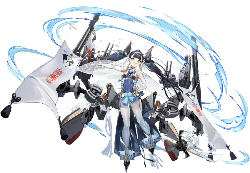 1girl aircraft airplane azur_lane bangs black_footwear black_hair blue_eyes breasts cape earrings eyebrows_visible_through_hair full_body hair_ornament hand_on_hip highres izuru_(timbermetal) japanese_clothes jewelry katsuragi_(azur_lane) long_hair looking_at_viewer machinery official_art open_mouth see-through shiny shiny_hair small_breasts smile solo standing thigh-highs tied_hair transparent_background turret twintails weapon white_legwear
