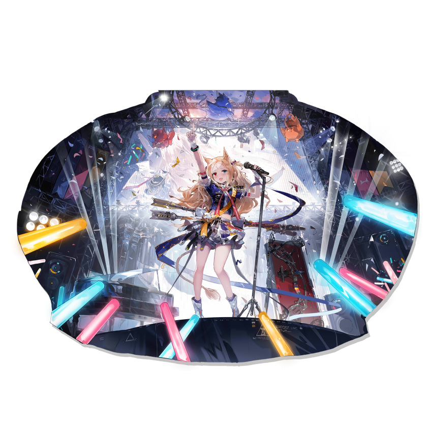 1girl alchemaniac animal_ears archetto_(arknights) archetto_(publicity_strategy)_(arknights) arknights arrow_(projectile) bangs blonde_hair blue_eyes bow dress gloves griffin highres instrument long_hair microphone official_art open_mouth piano red_eyes smile tail transparent_background