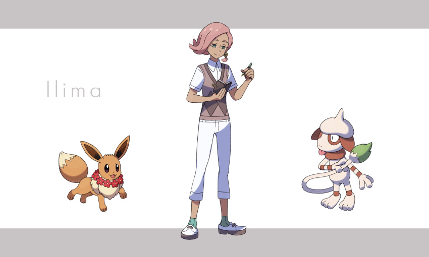 1boy banned_artist brown_vest character_name closed_mouth collared_shirt commentary_request eevee full_body green_eyes green_legwear highres holding ilima_(pokemon) looking_down male_focus nin_(female) notebook pants pink_hair pokemon pokemon_(creature) pokemon_(game) pokemon_sm ribbed_legwear shirt shoes short_hair short_sleeves smeargle smile socks split_mouth standing vest white_footwear white_pants white_shirt