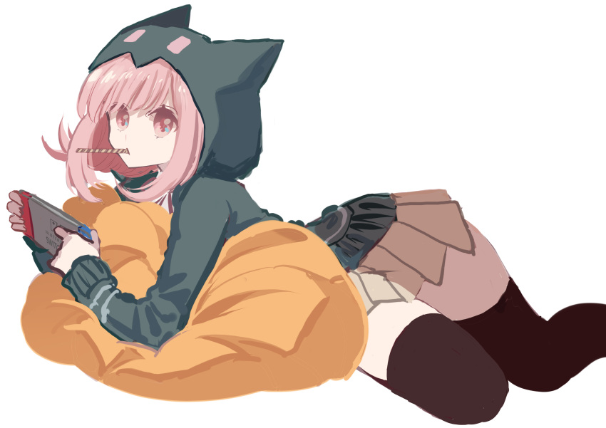 1girl absurdres animal_ears animal_hood brown_skirt cat_hood danganronpa_(series) danganronpa_2:_goodbye_despair fake_animal_ears food food_in_mouth green_jacket handheld_game_console highres holding holding_handheld_game_console hood hooded_jacket jacket long_sleeves looking_at_viewer lying mouth_hold nanami_chiaki nintendo_switch on_stomach pillow pink_eyes pink_hair pleated_skirt shiny shiny_hair shocho_(shaojiujiu) simple_background sketch skirt solo thigh-highs white_background zettai_ryouiki