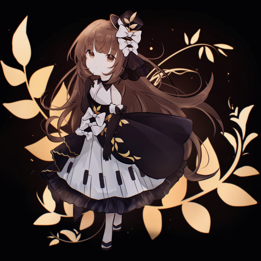 1girl bangs bare_legs black_background black_dress black_footwear black_headwear bow brown_eyes brown_hair commentary deemo dress english_commentary floral_print girl_(deemo) gloves hat highres long_hair looking_at_viewer mini_hat miyu_(miy_u1308) multiple_bows piano_print sandals sidelocks simple_background solo top_hat very_long_hair white_bow white_gloves