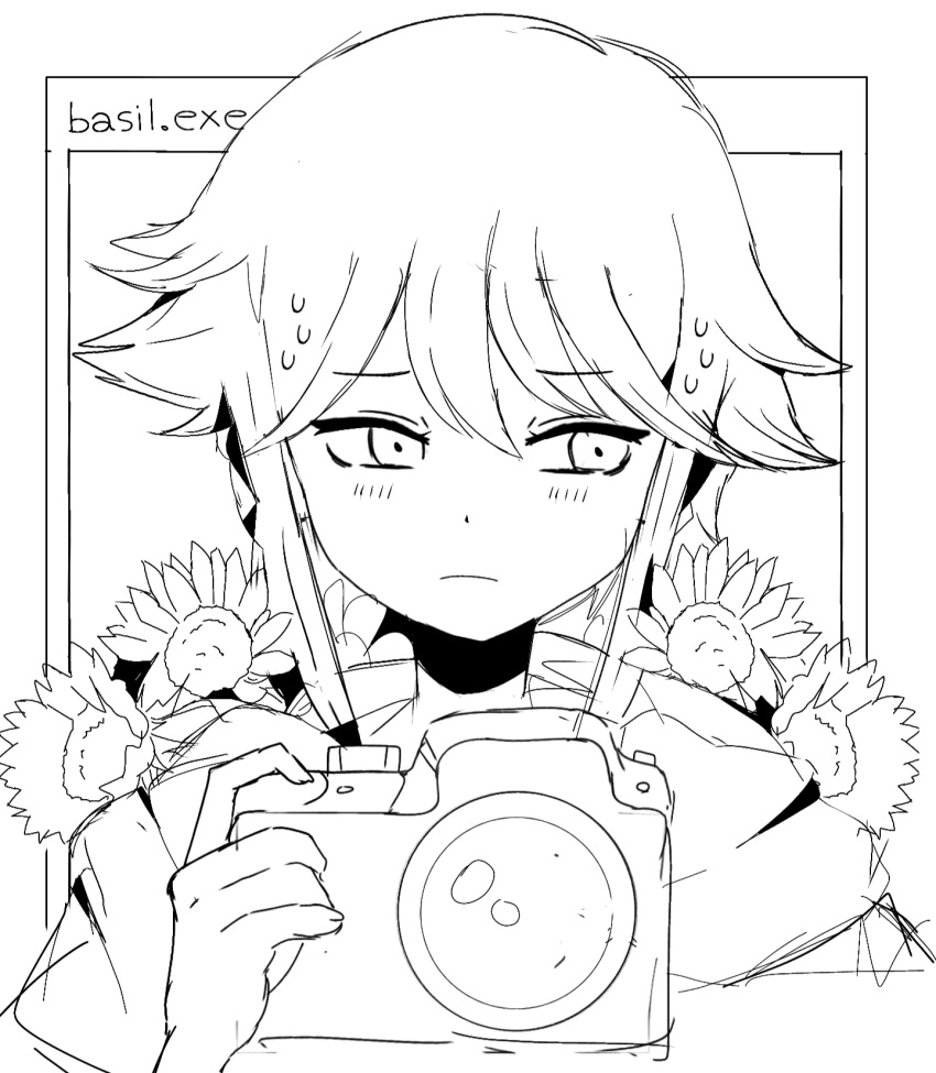 basil_(omori) blush camera closed_mouth flower frown greyscale hair_between_eyes highres holding holding_camera lain_(basilomori) lineart looking_away monochrome omori short_hair simple_background sunflower sweat sweatdrop upper_body white_background windows_desktop