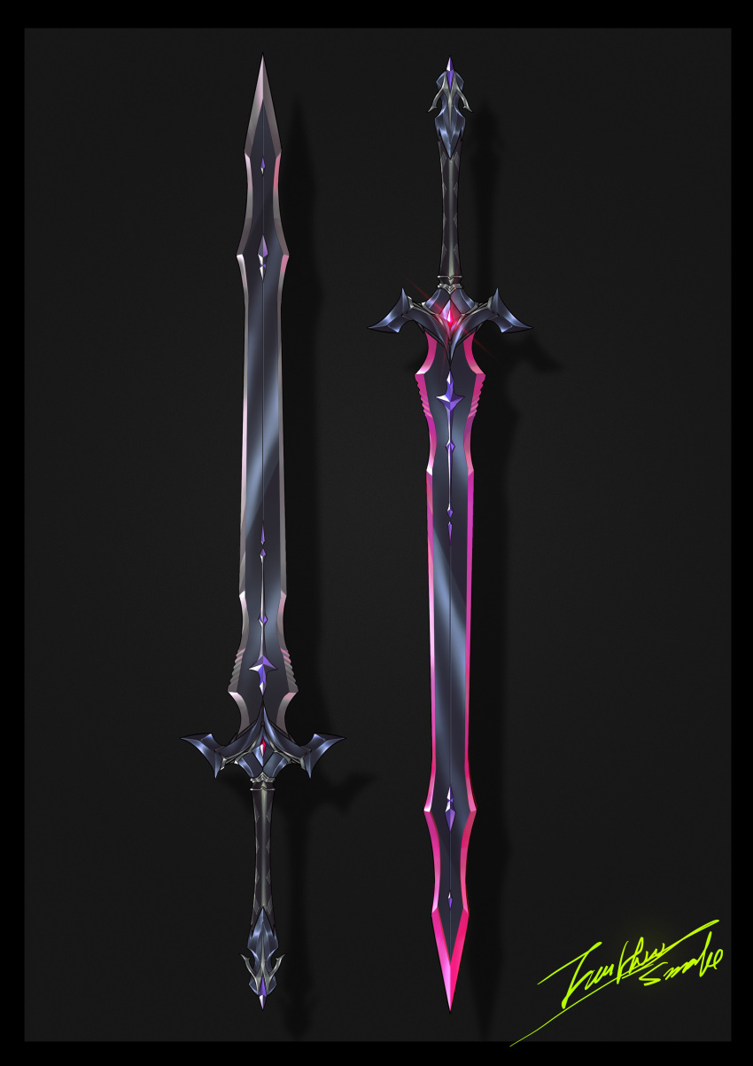 absurdres black_background commentary_request highres no_humans original signature simple_background srestia still_life sword weapon weapon_focus