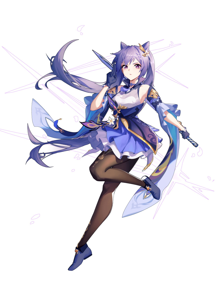 1girl absurdres ankle_boots bare_shoulders black_gloves boots brown_legwear closed_mouth detached_sleeves dress electricity frilled_dress frills full_body genshin_impact gloves hair_cones highres holding holding_sword holding_weapon keqing_(genshin_impact) leg_up looking_at_viewer pink_eyes purple_dress purple_footwear purple_hair short_sleeves sidelocks solo starlab sword twintails v-shaped_eyebrows weapon wide_sleeves