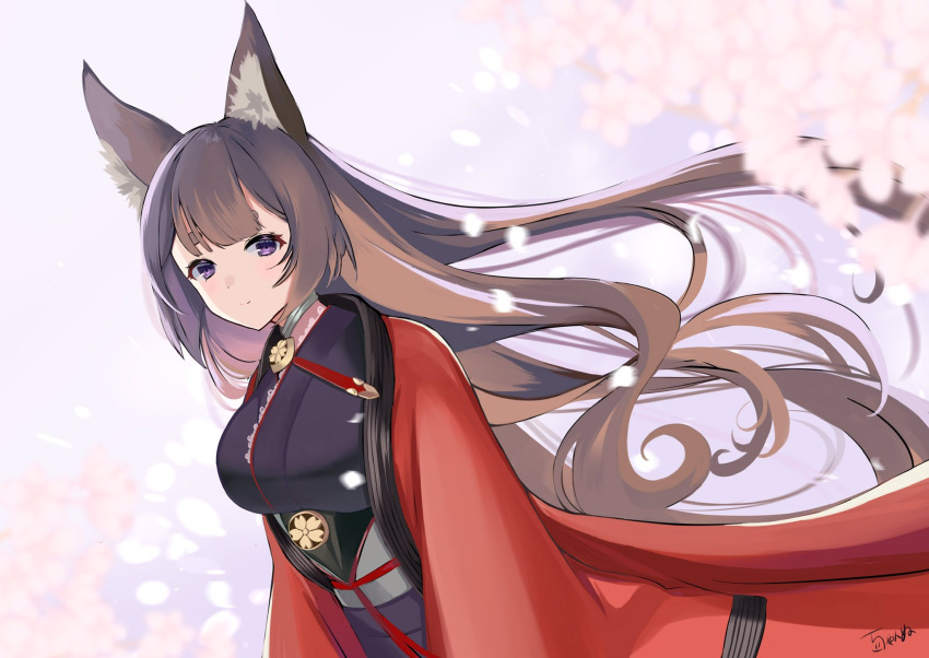 1girl amagi_(azur_lane) animal_ears azur_lane bangs breasts brown_hair chan'nu cherry_blossoms commentary_request fox_ears fox_girl highres japanese_clothes kimono large_breasts long_hair looking_at_viewer smile solo violet_eyes