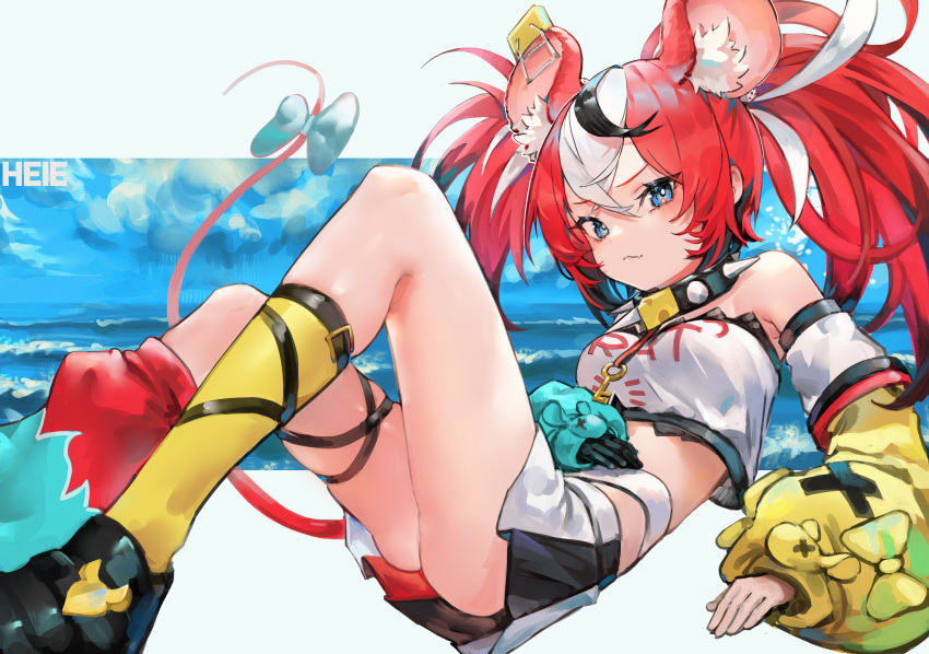 1girl absurdres animal_ears black_hair black_skirt blue_eyes breasts cheese collar dice_hair_ornament food hair_ornament hakos_baelz heie_art highres hololive hololive_english huge_filesize key_necklace medium_breasts mouse_ears mouse_girl mouse_tail mousetrap multicolored_hair red_skirt redhead shirt skirt solo spiked_collar spikes streaked_hair tail virtual_youtuber white_hair white_shirt white_skirt