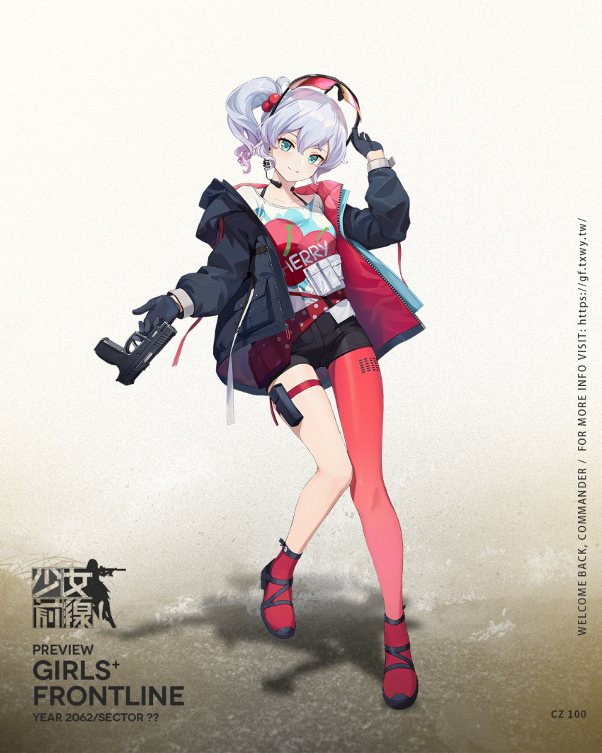 1girl aqua_eyes artist_request bangs black_gloves black_jacket black_shorts bra_strap breasts character_name closed_mouth collarbone commentary_request copyright_name cz-100 cz100_(girls'_frontline) eyebrows_visible_through_hair eyewear_on_head girls_frontline gloves gun hand_on_eyewear handgun headphones highres holding holding_gun holding_weapon jacket looking_at_viewer medium_hair microphone multicolored_hair official_art open_clothes open_jacket print_shirt red_legwear sandals shirt shorts side_ponytail silver_hair simple_background single_sock single_thighhigh small_breasts smile socks solo standing thigh-highs weapon white_shirt