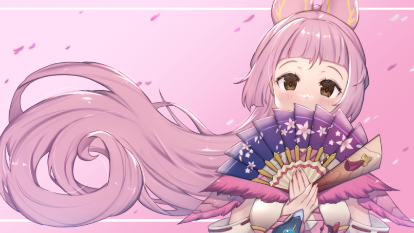 1girl animal_ears bangs blush breasts brown_eyes commentary_request commission covered_mouth detached_sleeves floating_hair folding_fan gradient gradient_background hand_fan hands_up holding holding_fan japanese_clothes kimono long_hair looking_at_viewer medium_breasts mizutsune_(armor) monster_hunter_(series) own_hands_together petals pink_background pink_hair ribbon-trimmed_sleeves ribbon_trim solo uneg very_long_hair white_kimono white_sleeves