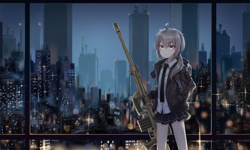 1girl absurdres bangs black_neckwear black_skirt bolt_action brown_jacket cheytac_m200 city_lights closed_mouth daisy_cutter eyebrows_visible_through_hair girls_frontline grey_hair gun hand_in_pocket highres holding holding_weapon jacket long_hair looking_at_viewer m200_(girls'_frontline) necktie night open_clothes open_jacket rifle shirt skirt sniper_rifle solo standing violet_eyes weapon white_shirt window