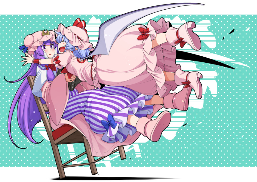 2girls bat_wings blush book boots chair closed_eyes crescent crescent_hat_ornament dotted_background dress eichi_yuu fang hair_ribbon hat hat_ornament jumping light_blue_hair long_hair long_sleeves mob_cap multiple_girls open_mouth patchouli_knowledge pink_dress pointy_ears purple_hair red_ribbon remilia_scarlet ribbon short_hair short_sleeves striped striped_dress touhou violet_eyes wide_sleeves wings wristband