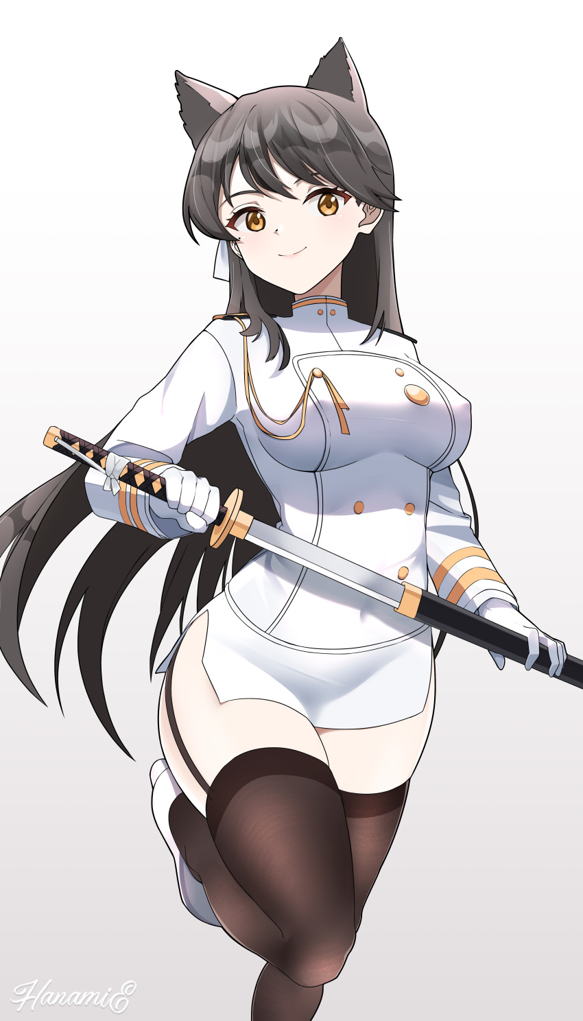 1girl absurdres animal_ears atago_(azur_lane) azur_lane bangs black_hair black_legwear brown_eyes commentary_request eyebrows_visible_through_hair fox_ears garter_straps gloves hair_between_eyes hanami_e highres holding holding_sword holding_weapon katana long_hair long_sleeves looking_at_viewer military military_uniform naval_uniform pencil_skirt sidelocks simple_background skirt smile solo standing standing_on_one_leg sword uniform weapon white_background white_gloves white_skirt