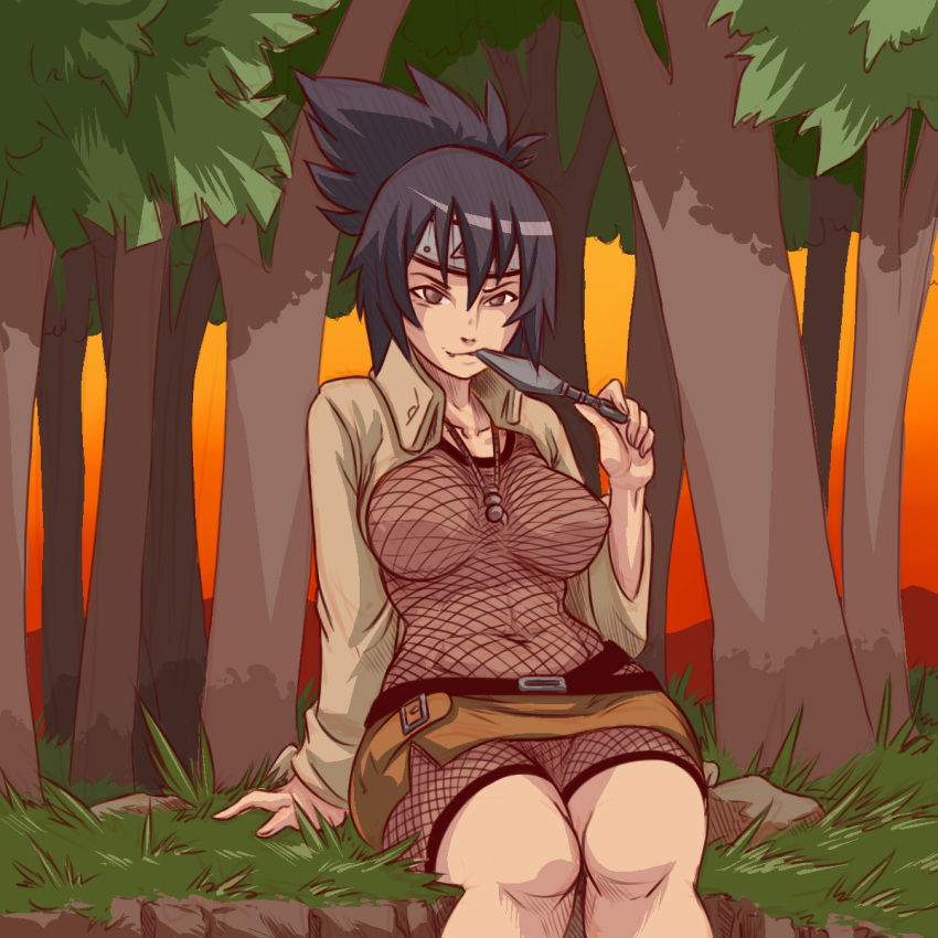 1girl bangs bodysuit breasts brown_eyes brown_jacket fang fishnet_bodysuit fishnets forehead_protector grass hair_between_eyes highres holding holding_weapon in_mouth jacket jewelry kunai long_hair long_sleeves looking_at_viewer mitarashi_anko naruto naruto_(series) navel necklace ninja on_floor open_clothes open_jacket outdoors plague_of_gripes ponytail purple_hair sitting smile sunset tree weapon