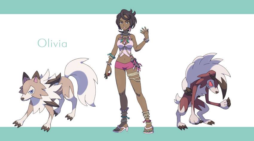 1girl anklet bangle bangs banned_artist bead_necklace beads black_eyes bracelet bright_pupils brown_hair character_name closed_mouth commentary_request crop_top dark-skinned_female dark_skin diamond_(shape) earrings full_body gem hand_up high_heels highres holding holding_poke_ball jewelry knees lycanroc lycanroc_(midday) lycanroc_(midnight) nail_polish neck_ring necklace nin_(female) olivia_(pokemon) pink_lips pink_shirt poke_ball poke_ball_(basic) pokemon pokemon_(creature) pokemon_(game) pokemon_sm purple_shorts shirt short_hair short_shorts shorts sleeveless smile standing swept_bangs thighlet toenail_polish toenails toes z-ring