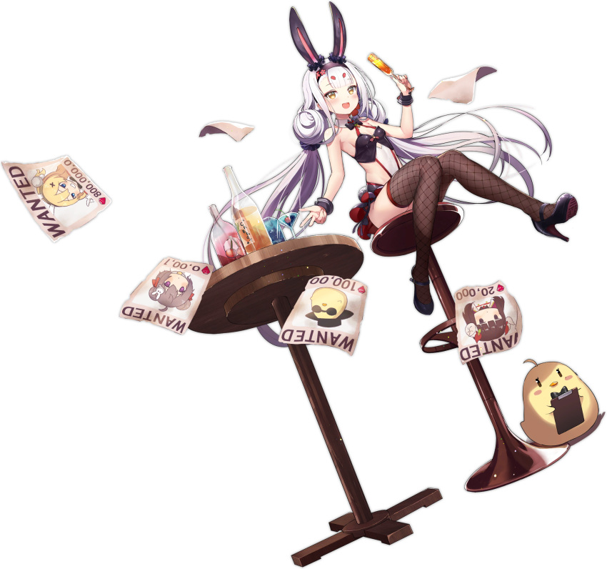 1girl animal_ears azur_lane bar bare_shoulders black_footwear breasts champagne_flute cup drinking_glass fishnet_legwear fishnets full_body high_heels highres holding kuroboshi_kouhaku light_purple_hair long_hair looking_at_viewer manjuu_(azur_lane) microskirt official_alternate_costume official_art open_mouth rabbit_ears round_table shimakaze_(azur_lane) shimakaze_(fastest_bunny's_invitation)_(azur_lane) sitting skirt small_breasts suruga_(azur_lane) thigh-highs transparent_background very_long_hair yellow_eyes