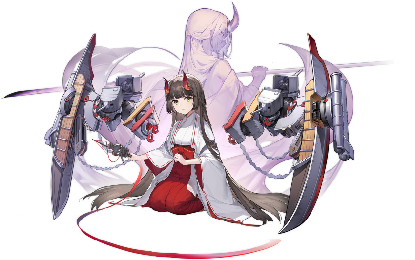 2girls artillery artist_request azur_lane back-to-back black_hair ghost green_eyes highres holding horns long_hair looking_at_viewer multiple_girls official_art oni oni_horns red_ribbon ribbon rigging seiza sitting torpedo_tubes transparent_background very_long_hair wide_sleeves yura_(azur_lane)